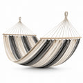 Hamac en Tissu Coton Rayé Beige et Gris avec Barres en Bois