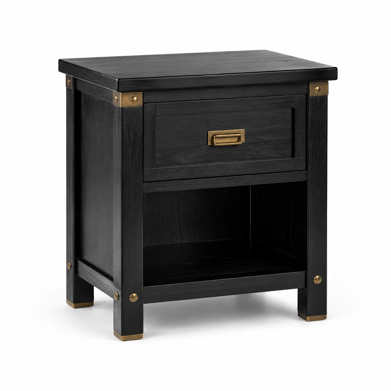 Table de chevet en bois de frêne noir avec tiroir et étagère