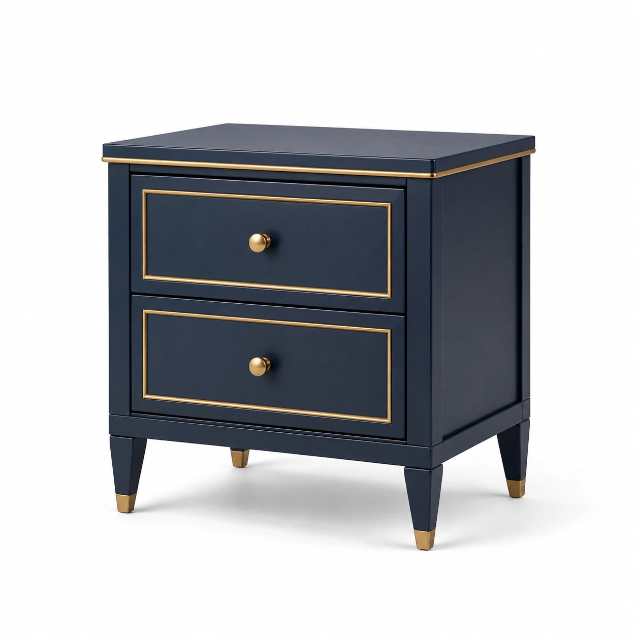 Table de chevet en bois bleu et doré avec 2 tiroirs