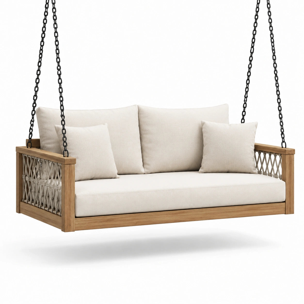 Canapé suspendu en bois avec coussins en tissu crème, 200 cm