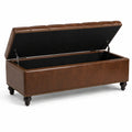 Banc de rangement en cuir synthétique marron avec pieds en bois