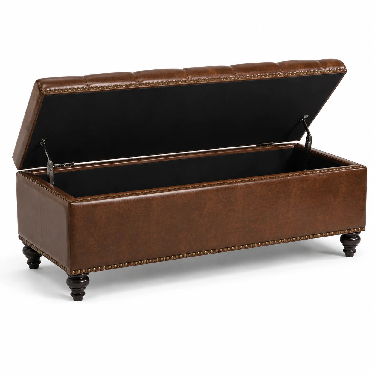 Banc de rangement en cuir synthétique marron avec pieds en bois