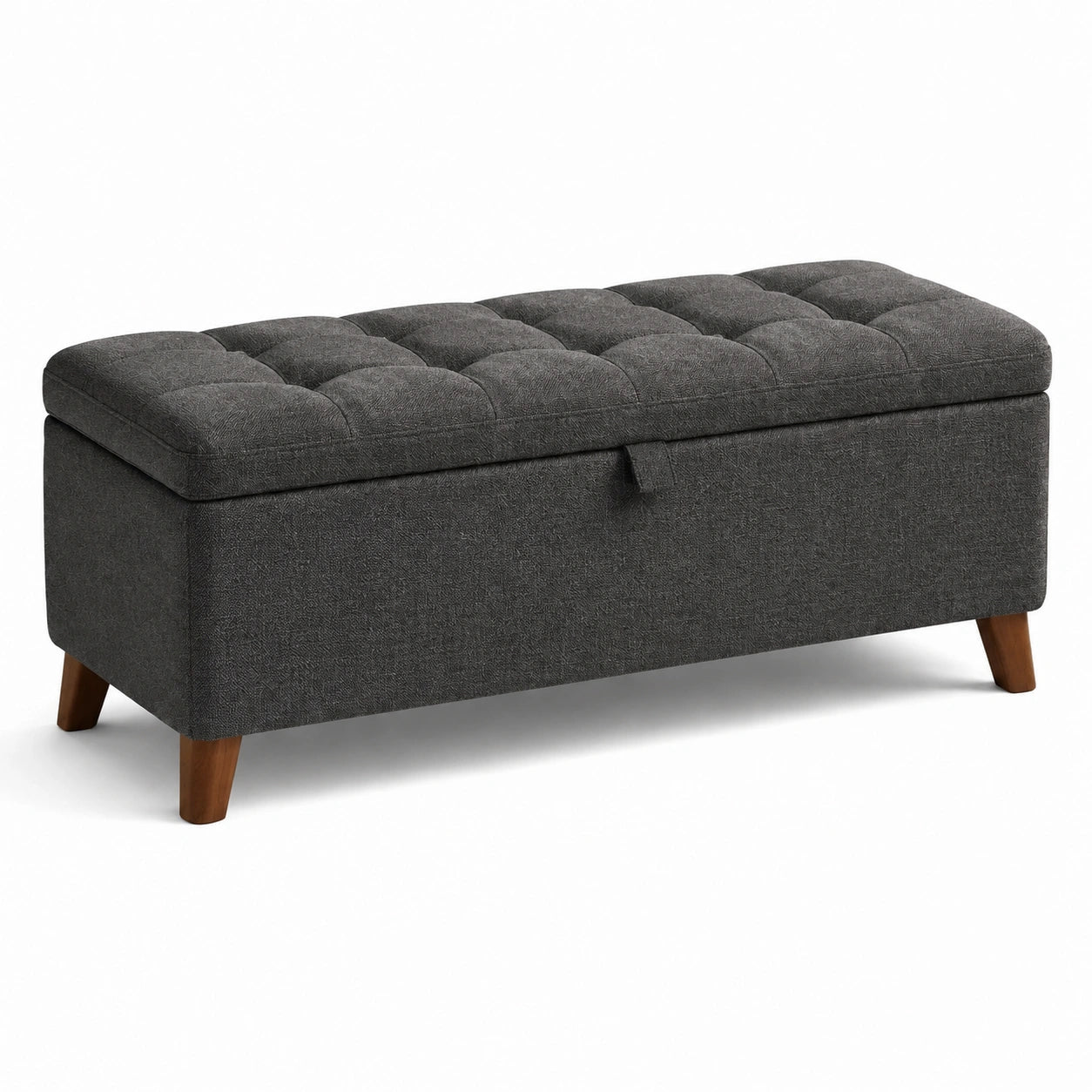 Banc de rangement en tissu polyester gris avec pieds en bois 120cm