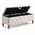 Banc de rangement en lin beige avec pieds en bois 120 cm