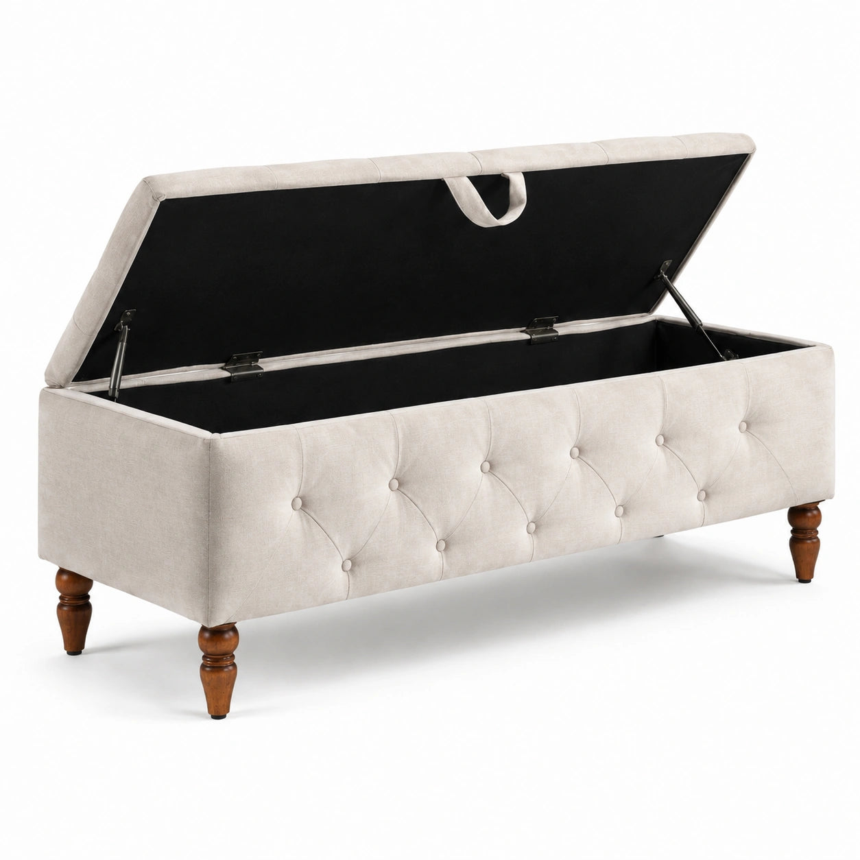 Banc de rangement en lin beige avec pieds en bois 120 cm