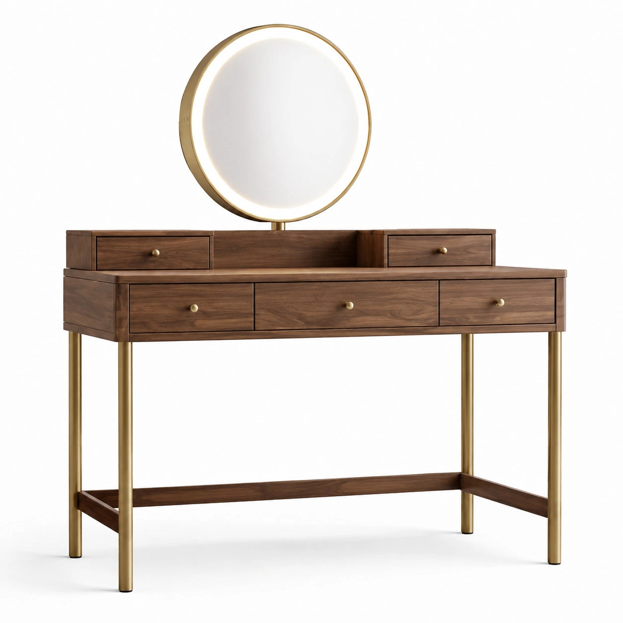 Coiffeuse en noyer avec miroir rond LED et tiroirs dorés