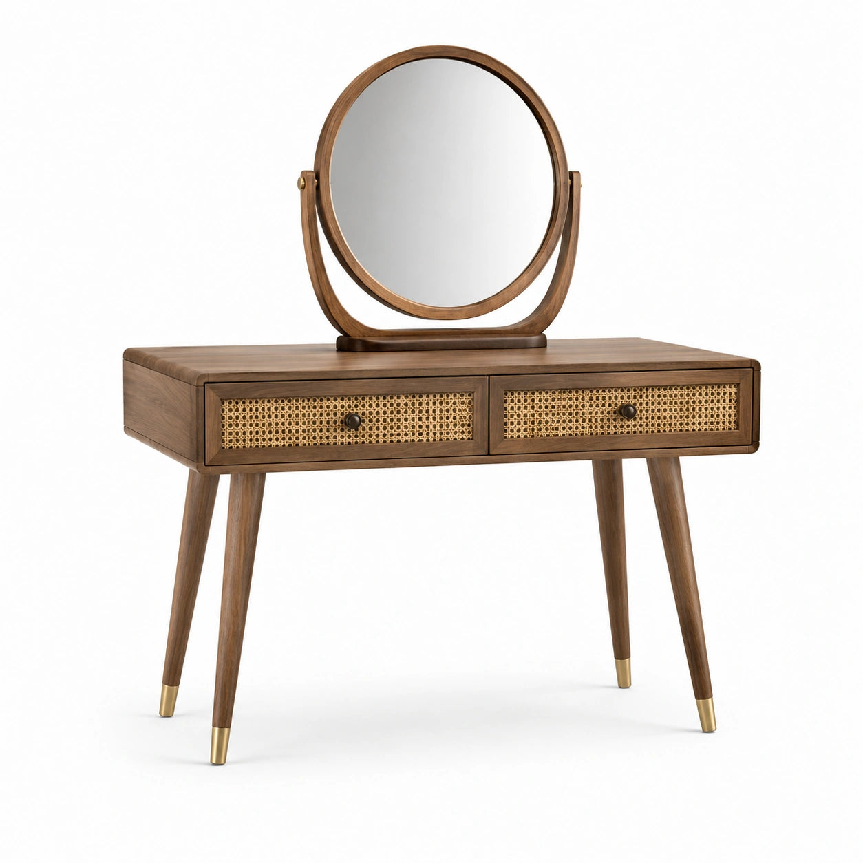 Coiffeuse en bois avec miroir rond et tiroirs en rotin