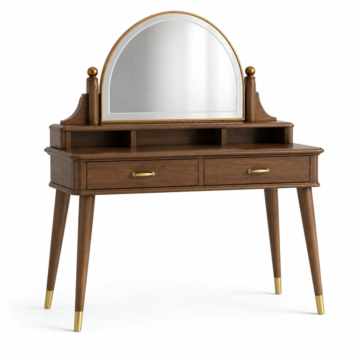 Coiffeuse en bois avec miroir semi-circulaire et tiroirs marron