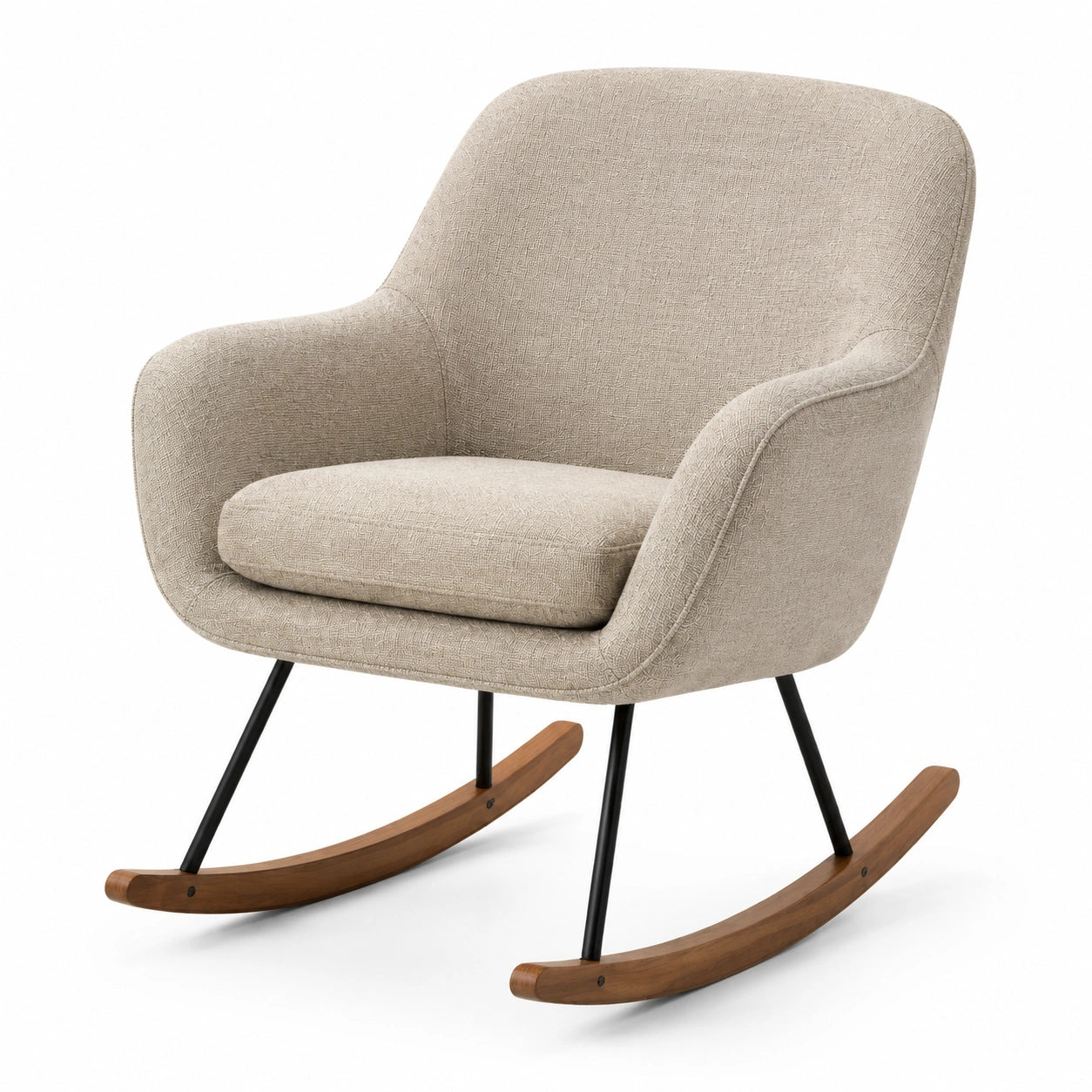 Fauteuil à bascule en tissu beige avec cadre en bois et métal