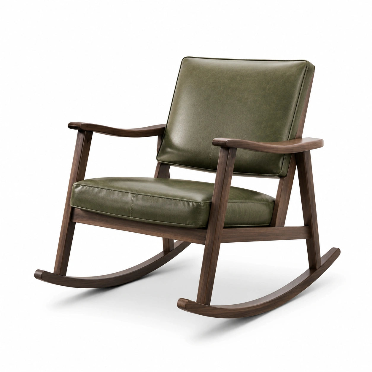 Fauteuil à bascule en bois et similicuir vert olive