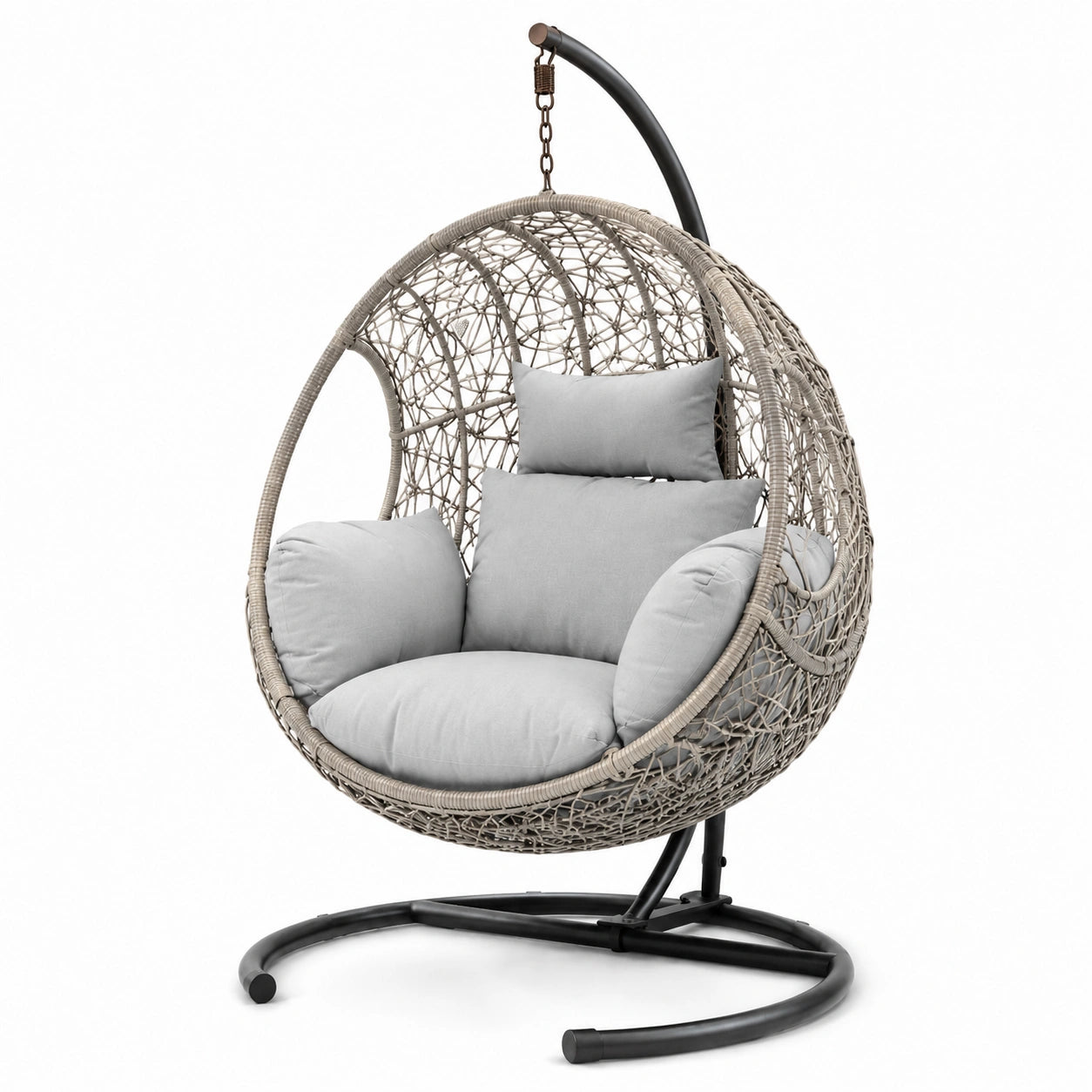 Chaise suspendue en rotin avec coussins et support en acier