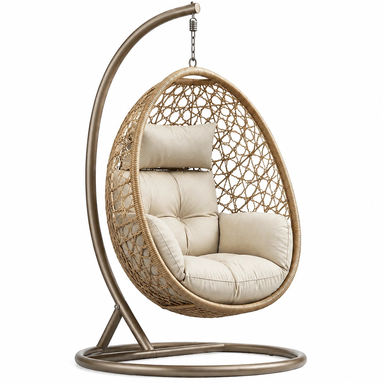 Chaise suspendue en osier avec coussins en polyester beige et support en acier