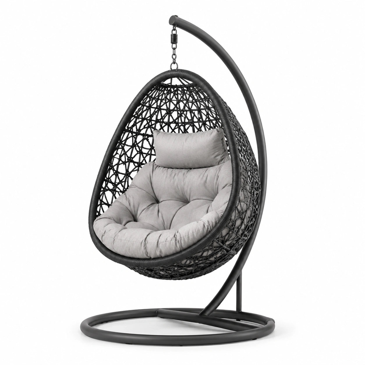 Chaise suspendue en rotin synthétique noir avec coussin gris, structure en métal, 195 cm de hauteur