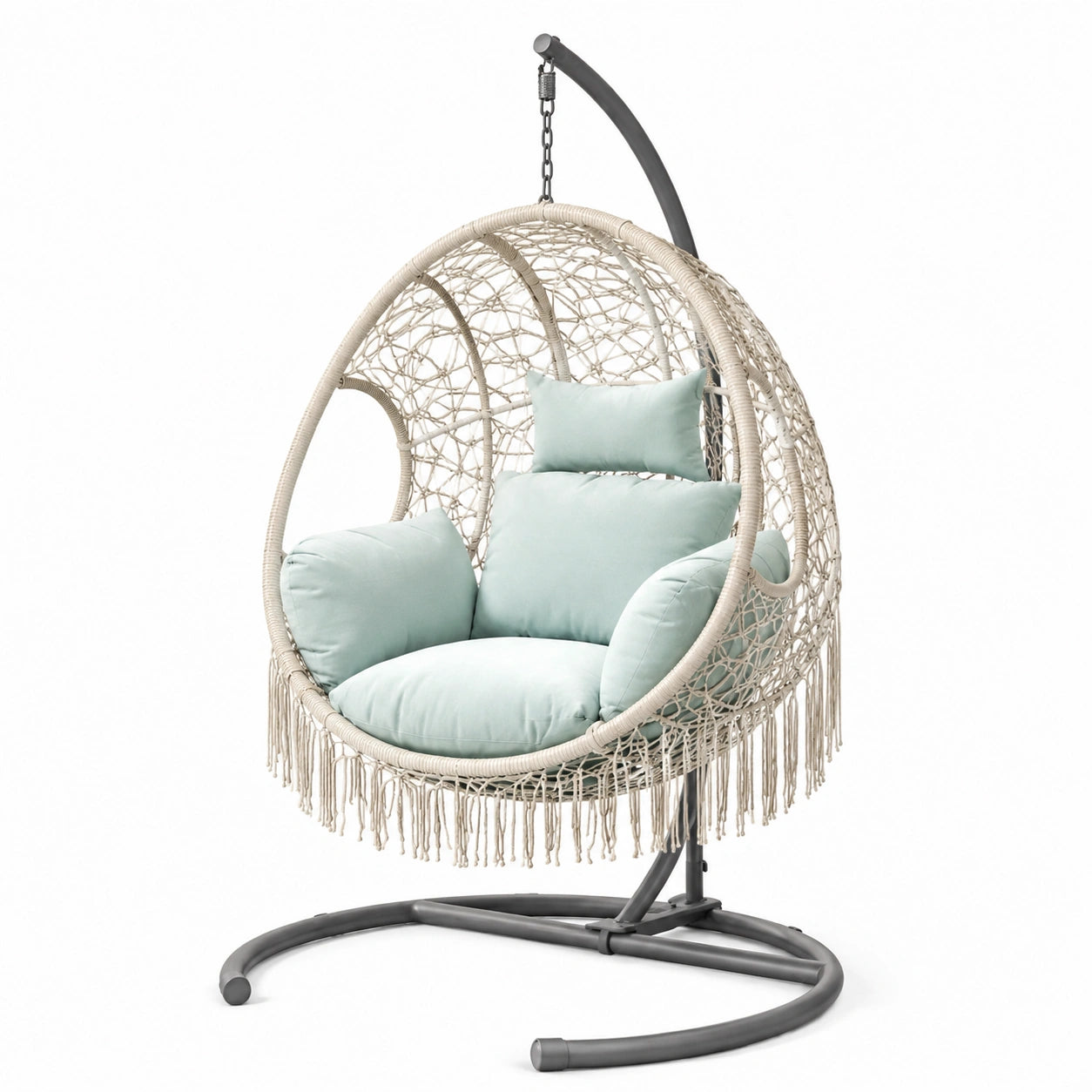 Chaise suspendue en rotin synthétique avec coussins en polyester vert pâle et support en acier